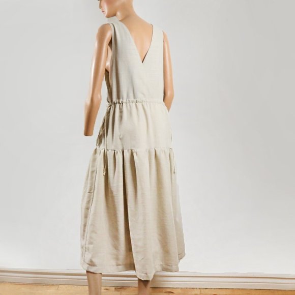 Vintage Vneck Cream Linen Flowy Dress with Floral Embroidered Pockets - Picture 6 of 7